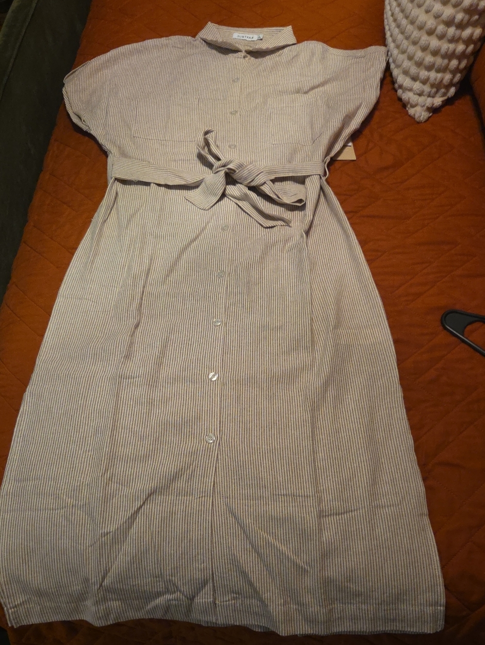 JustFab Beige and White Striped Button-Front Midi Dress